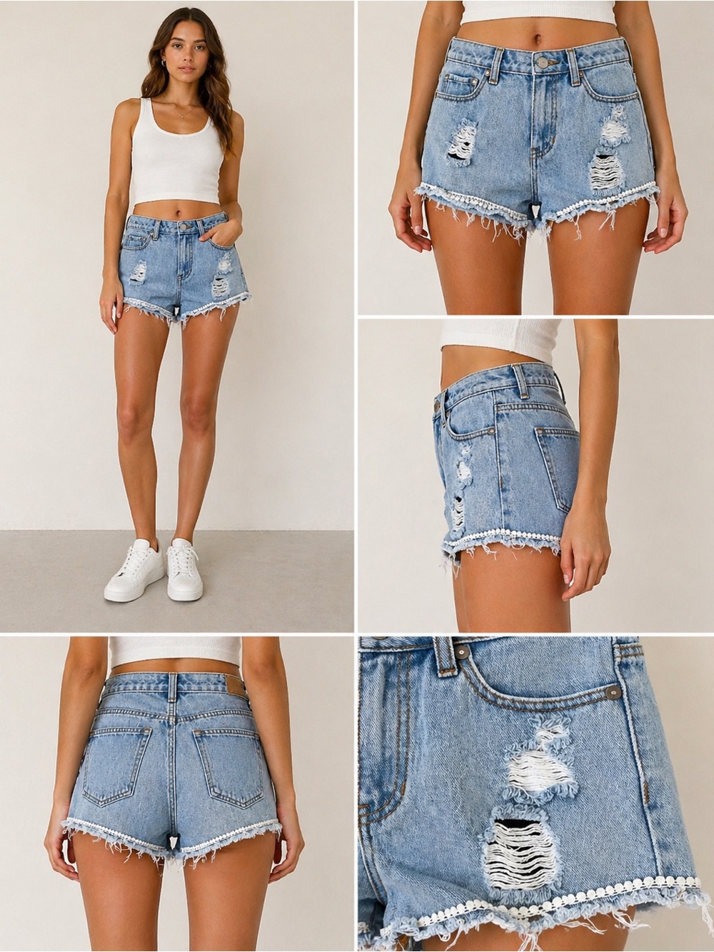 High-Rise Distressed Denim Shorts - Light Blue